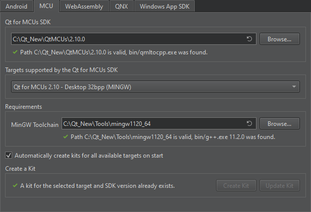 MCU tab in SDKs preferences