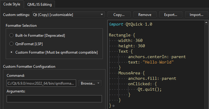 Custom formatter preferences in the Code Style tab in Qt Quick preferences