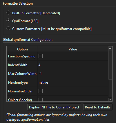qmlformatter preferences in the Code Style tab in Qt Quick preferences