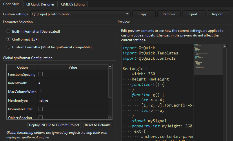 Code Style tab in Qt Quick preferences