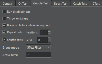 Google Test tab in Testing preferences