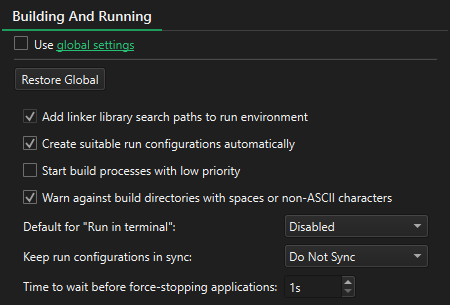 Building and Running settings in the Projects mode
