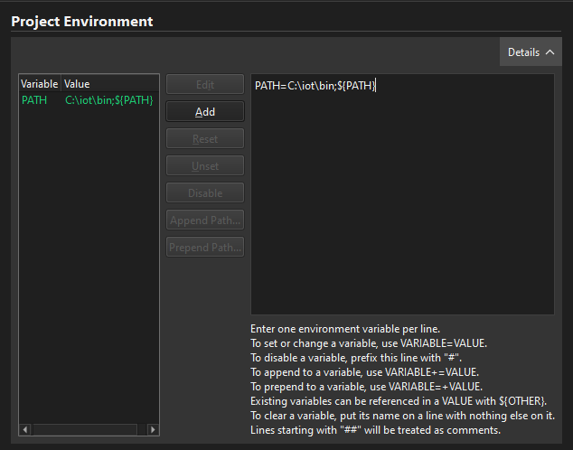 Project Environment settings in Project Settings