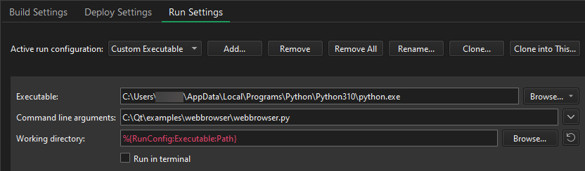 Python custom executable run settings