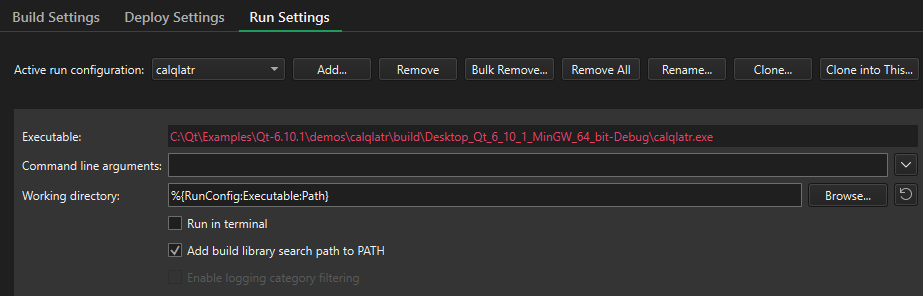 Run Settings in the Projects mode