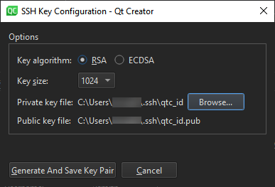 SSH Key Configuration dialog