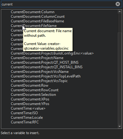 Qt Creator Variables dialog showing a tooltip