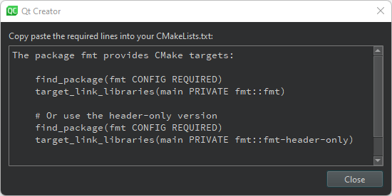 CMake Code dialog