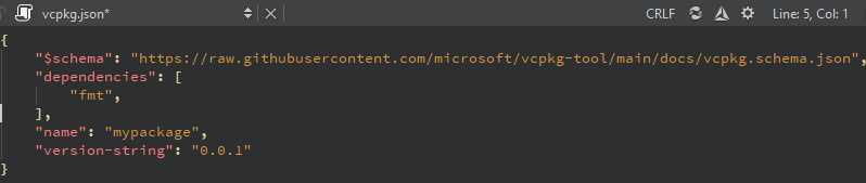 vcpkg.json file in the manifest file editor