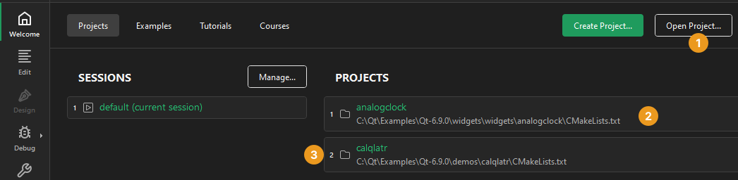 Ways to open projects in the Welcome mode Projects tab