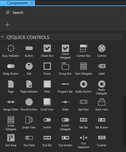 The Qt Quick Controls components in the Components view.