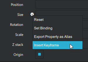 Selecting Insert Keyframe from the Action drop-down menu in the Properties view.