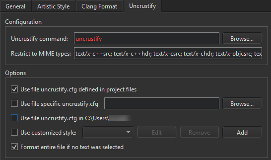 Uncrustify tab in Beautifier preferences