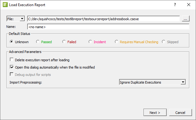 Load Execution Report dialog