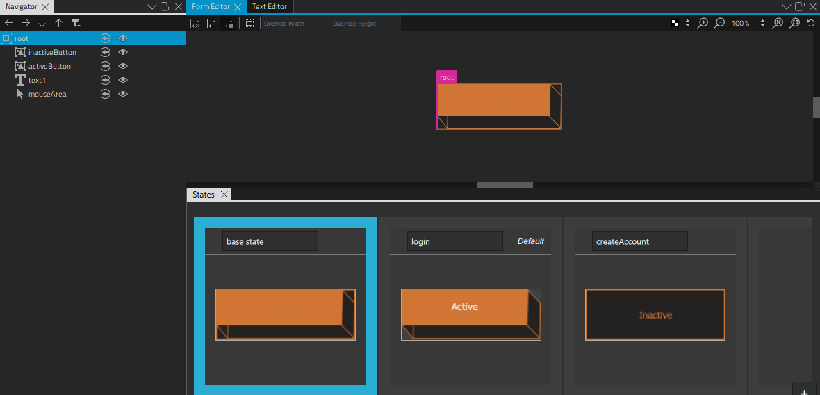 Button component in the 2D and States views.