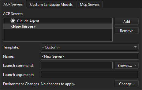 ACP Servers settings for a custom agent