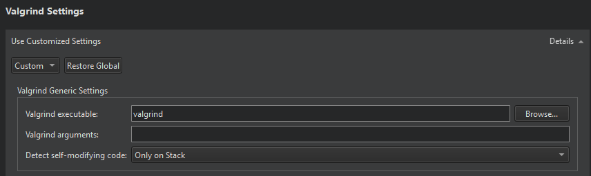 Valgrind Settings section in Run Settings