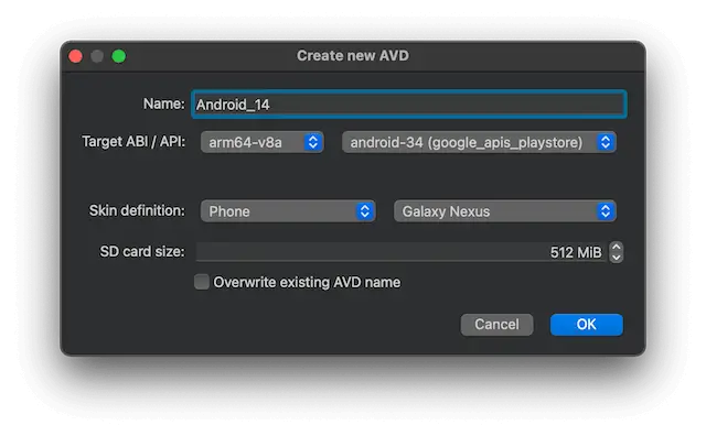 Create New AVD dialog