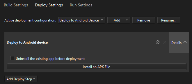 Deploy Settings tab in Projects
