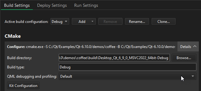 Build settings for a CMake project