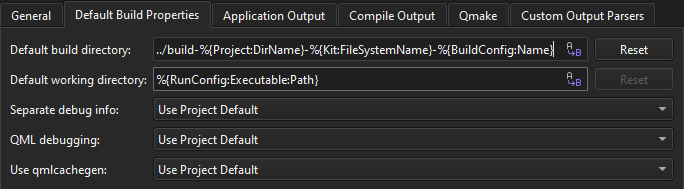 Default Build Properties tab in Build & Run preferences