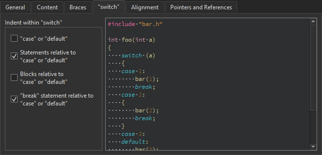 "switch" tab in the Code Style tab in C++ preferences