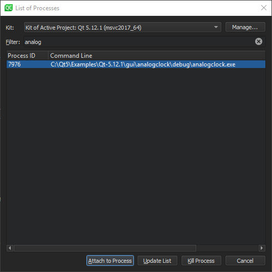 Attach to Running Application dialog