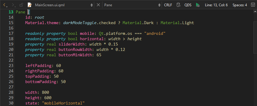 Editor toolbar for a QML UI file