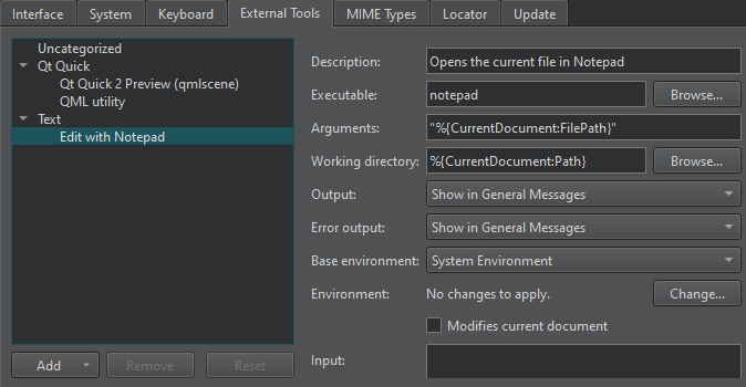 External Tools tab in Environment preferences