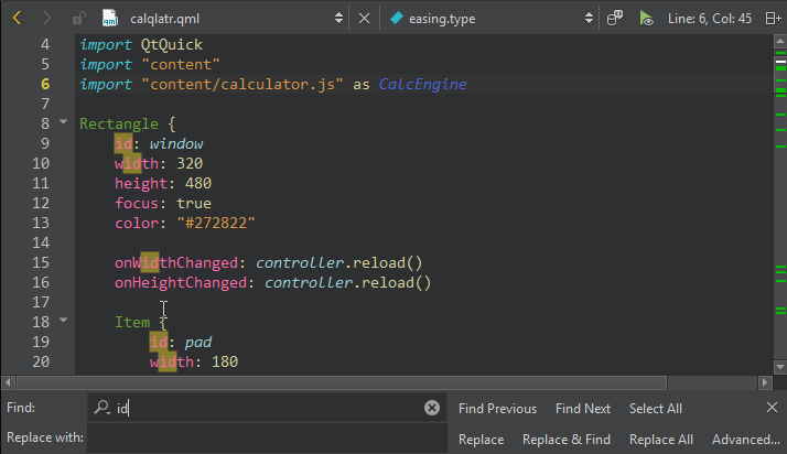 Search hits highlighted in the editor
