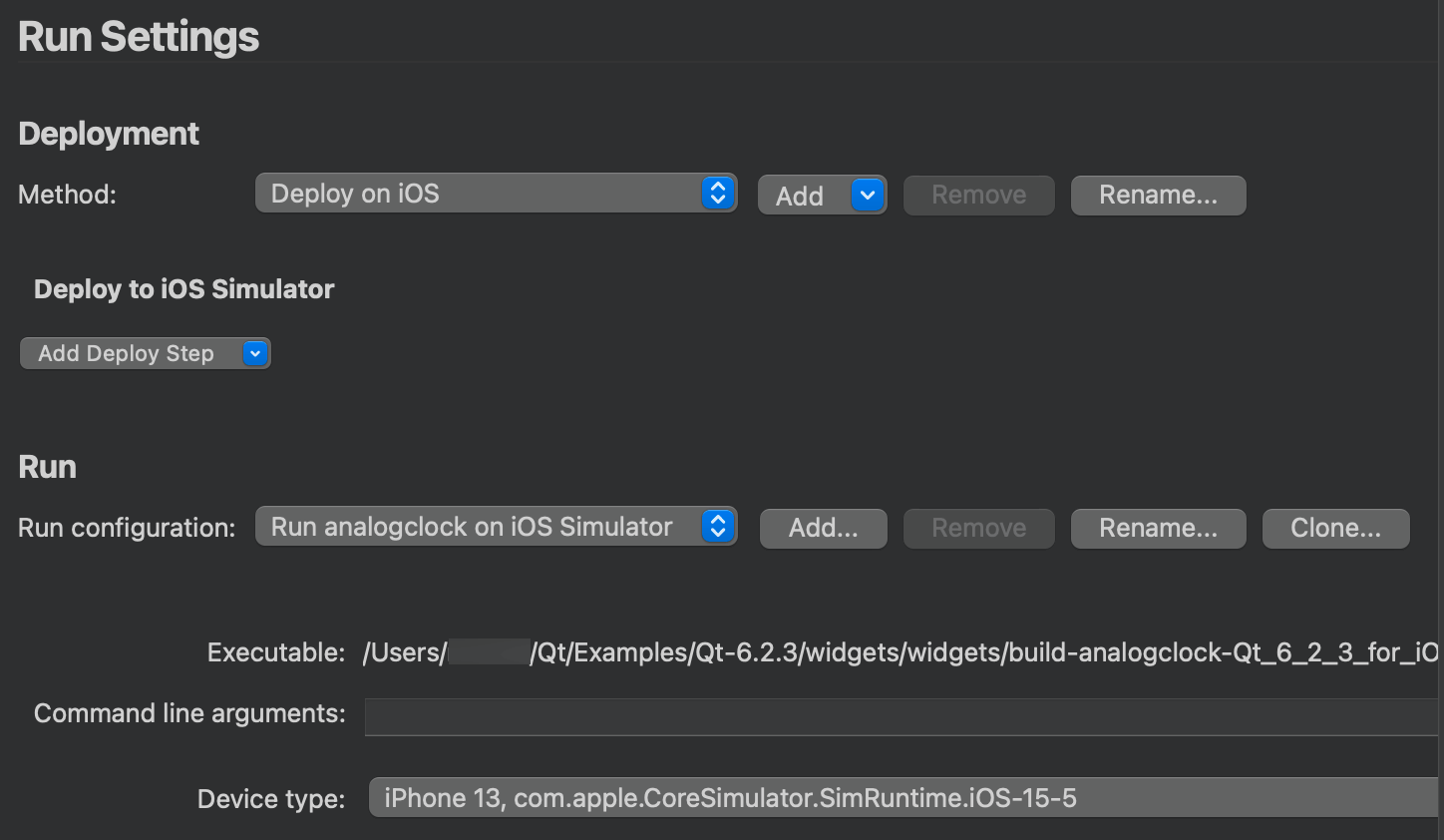 Deployment settings for iOS Simulator