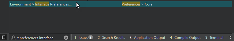 Using the locator to open a tab in Preferences