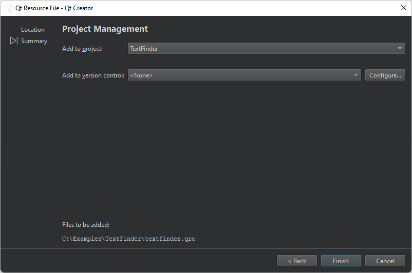 Project Management dialog