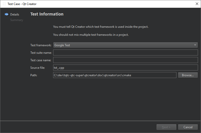 Test Information dialog in the Test Case wizard