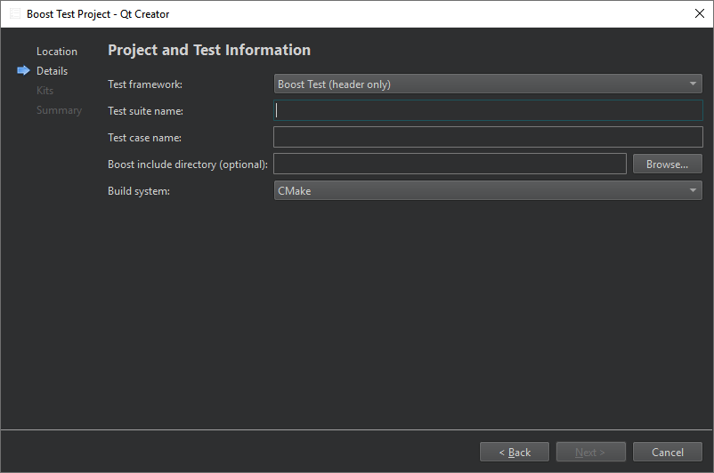 Project and Test Information dialog in the Boost Test Project wizard