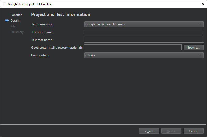 Project and Test Information dialog in the Google Test Project wizard
