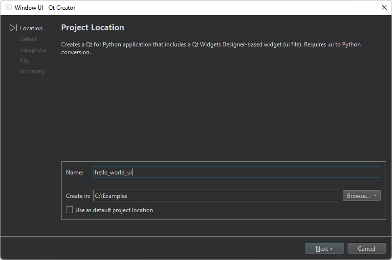Project Location dialog