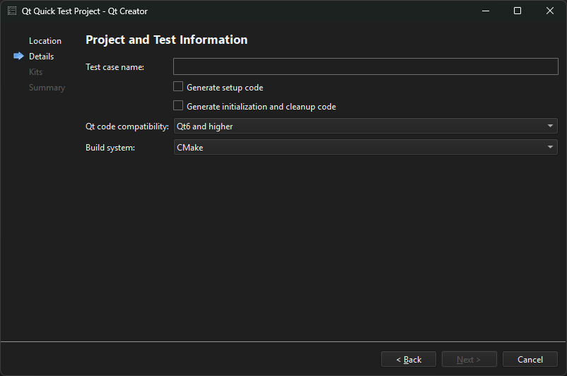 Project and Test Information dialog in the Qt Quick Test Project wizard
