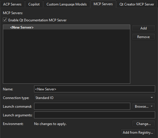 MCP Servers tab in the AI Preferences
