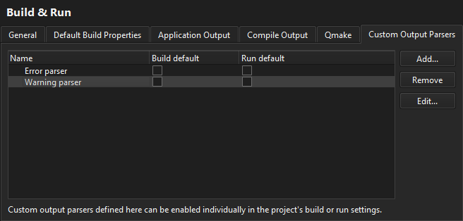 Custom Output Parsers tab in Build & Run preferences