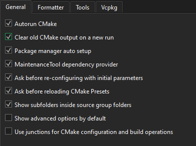General tab in CMake preferences