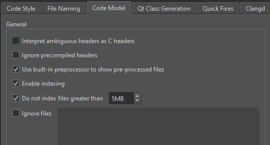 Code Model tab in C++ preferences
