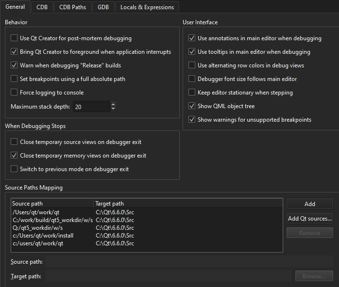 General tab in Debugger preferences