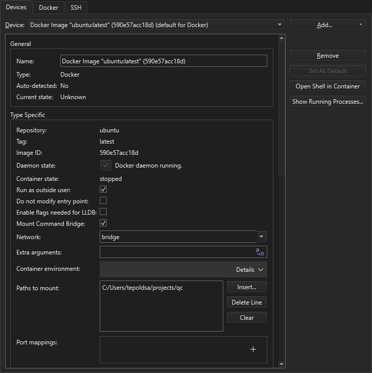 Docker device in the Devices tab in Devices preferences