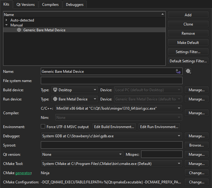 Bare Metal device selected in Kits preferences