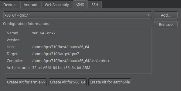 QNX tab in SDKs preferences