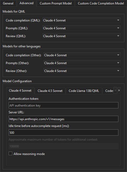 Advanced tab in AI Assistant preferences