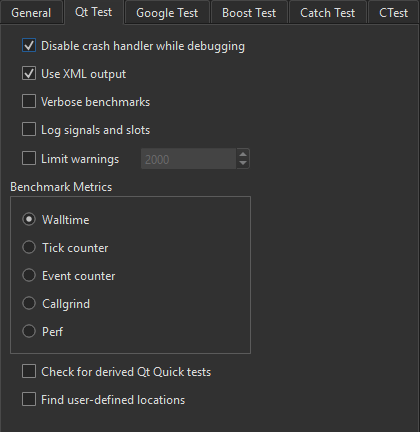 Qt Test tab in Testing preferences
