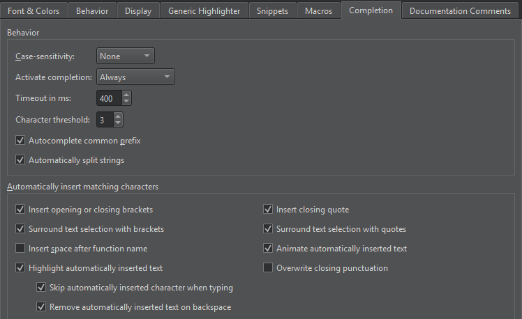 Completion tab in Text Editor preferences