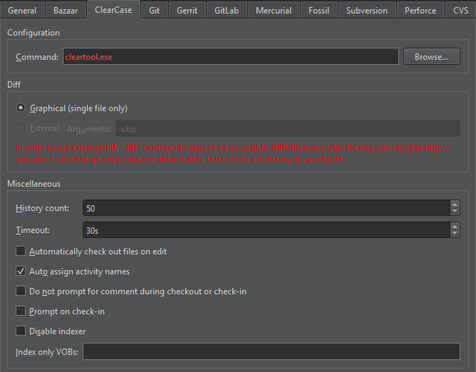 ClearCase tab in Version Control preferences